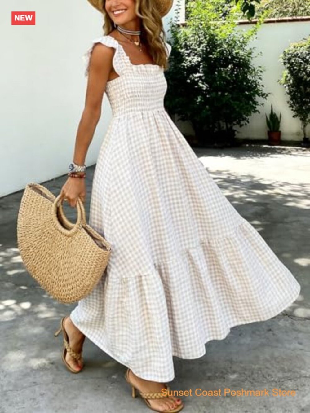 Smocked Maxi Dress Square Neck Ruffle Cap Sleeves Tiered Flowy Gingham Boho - Picture 3 of 6